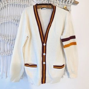 Vintage White College Striped Cardigan Medium